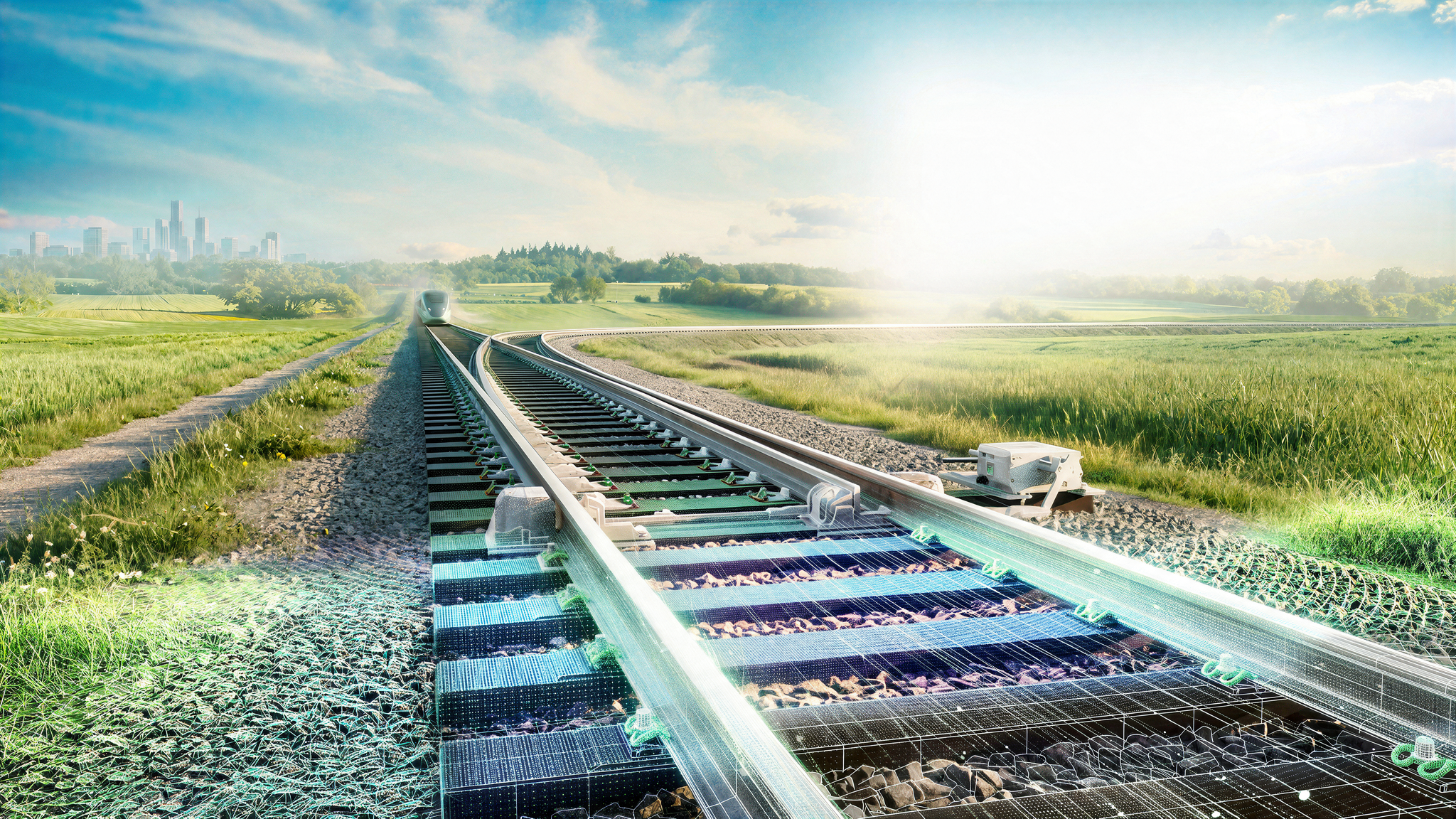 AI-generated illustration for Vossloh connect: railway track with a turnout and digital wireframe in a green landscape, with a train in the background.