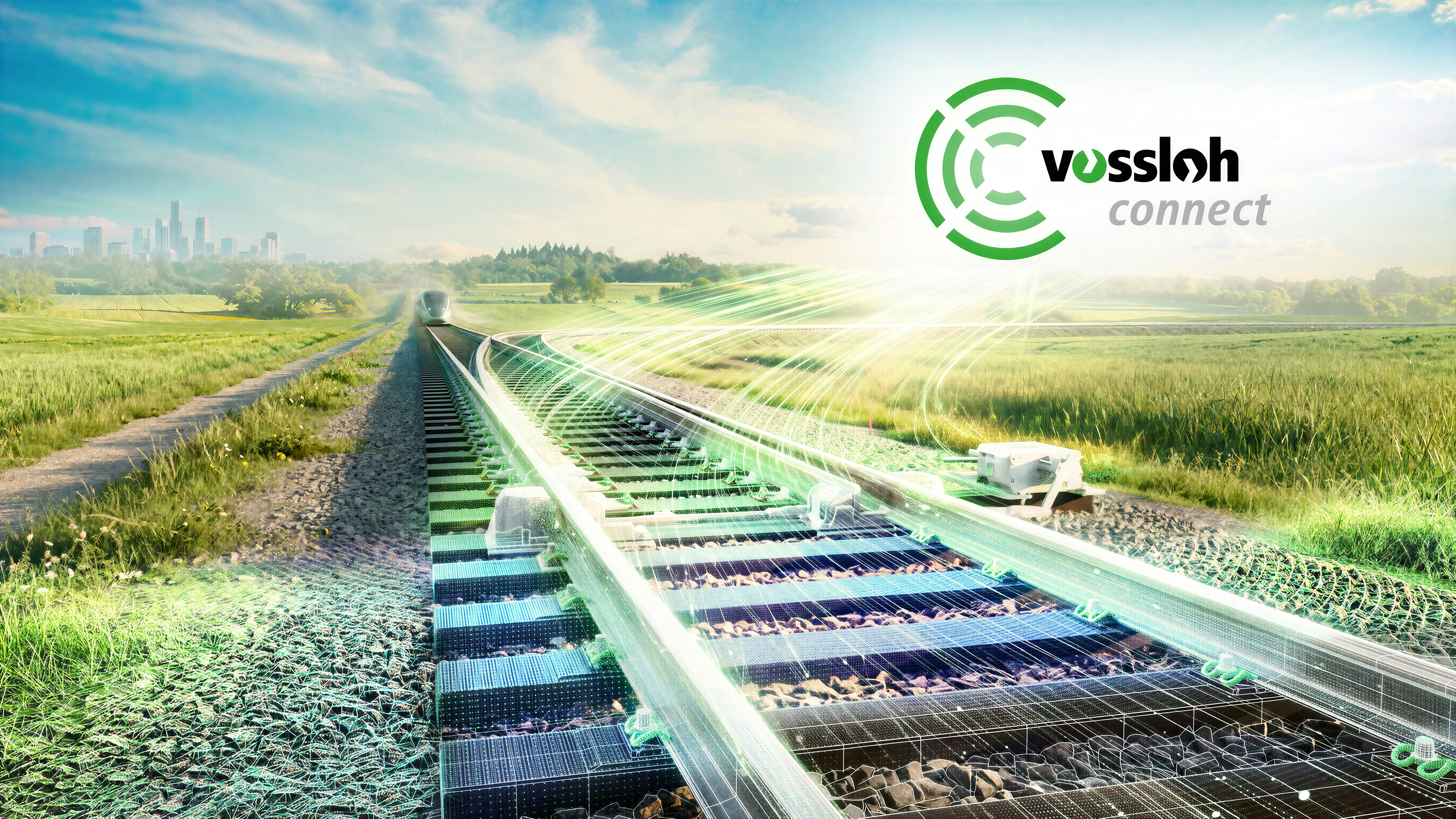 Digitale Datenschichten, die in die Bahninfrastruktur integriert sind, symbolisieren die Vossloh connect Plattform und ihre Fähigkeit, Vermögenswerte, Systeme und Interessengruppen zu verbinden. Durch die Umwandlung von Infrastruktur Daten in umsetzbare Erkenntnisse unterstützt Vossloh connect eine verbesserte Netzwerkverfügbarkeit, optimierte Wartungsstrategien und das effiziente Management des Schienenbetriebs.