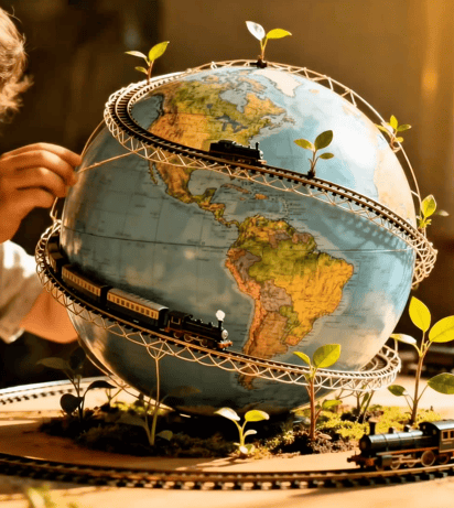 Child playing with a model train on a globe, surrounded by small green plants.